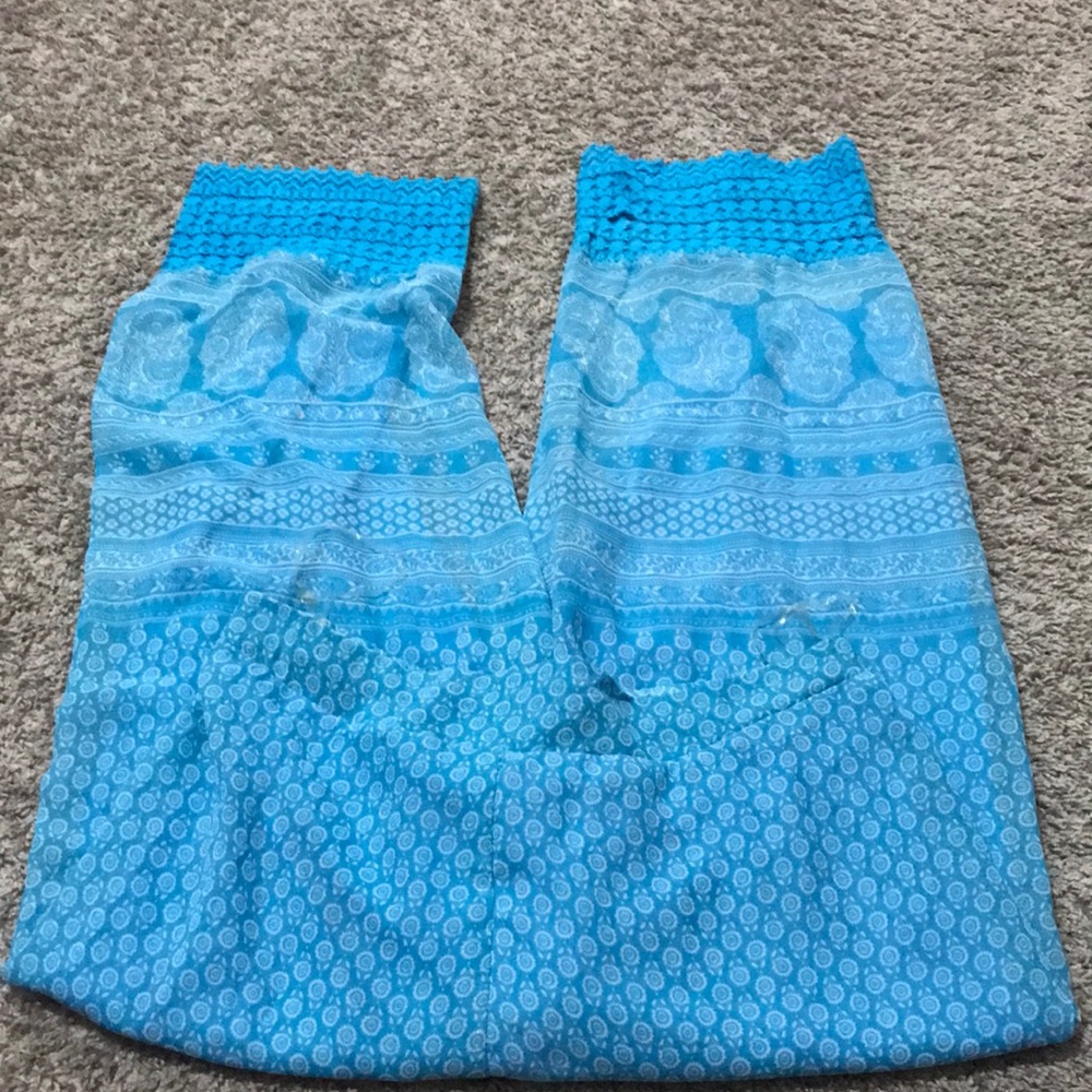 Blue Women's Sheer lined pants turquoise and white elastic back waistband